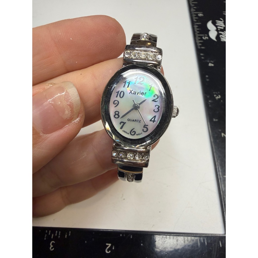 Xavier Silver Tone Mother of Pearl Crystal Cuff Bangle Watch 1001 Japan Movt